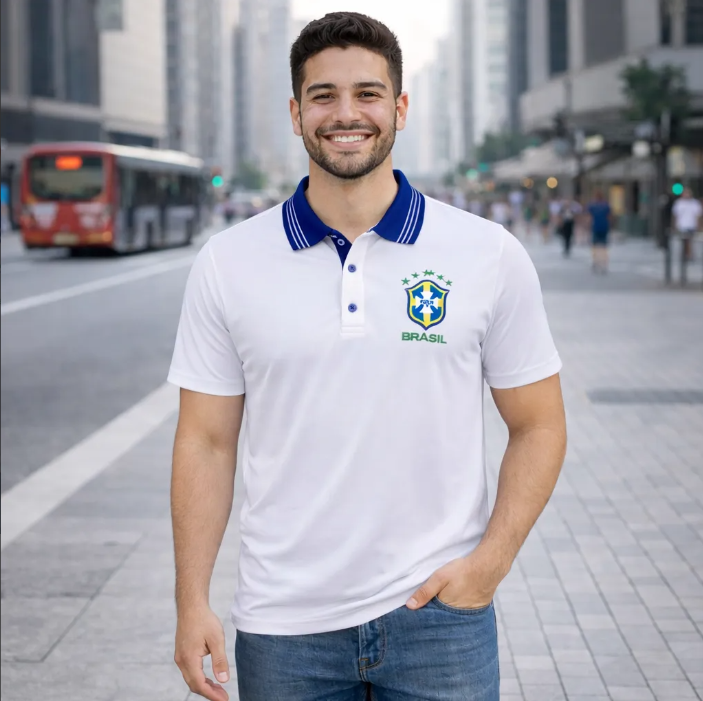 Camisa Gola Polo Do Brasil Selecao Brasileira + Bandeira Brasil de Brinde